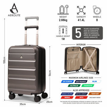 Aerolite 55x35x25cm Hard Shell Carry On Hand Cabin Luggage Suitcase with 4 Spinner Wheels & TSA Lock – Max Size Cabin Bag for Air Europa, Air France, ITA Airways, KLM & Transavia - Charcoal